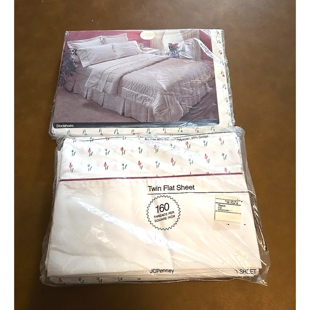 NEW‎ Lot of 2 Vtg JC Penney Stockholm White Tulips No-Iron Twin Flat Sheet Set